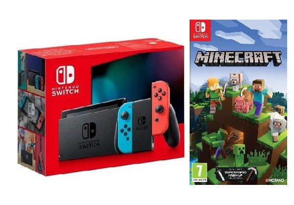 NINTENDO SWITCH CON JOY-CON ROSSO NEON/BLU NEON 1.1 V2 + MINECRAFT SOFT BUNDLE